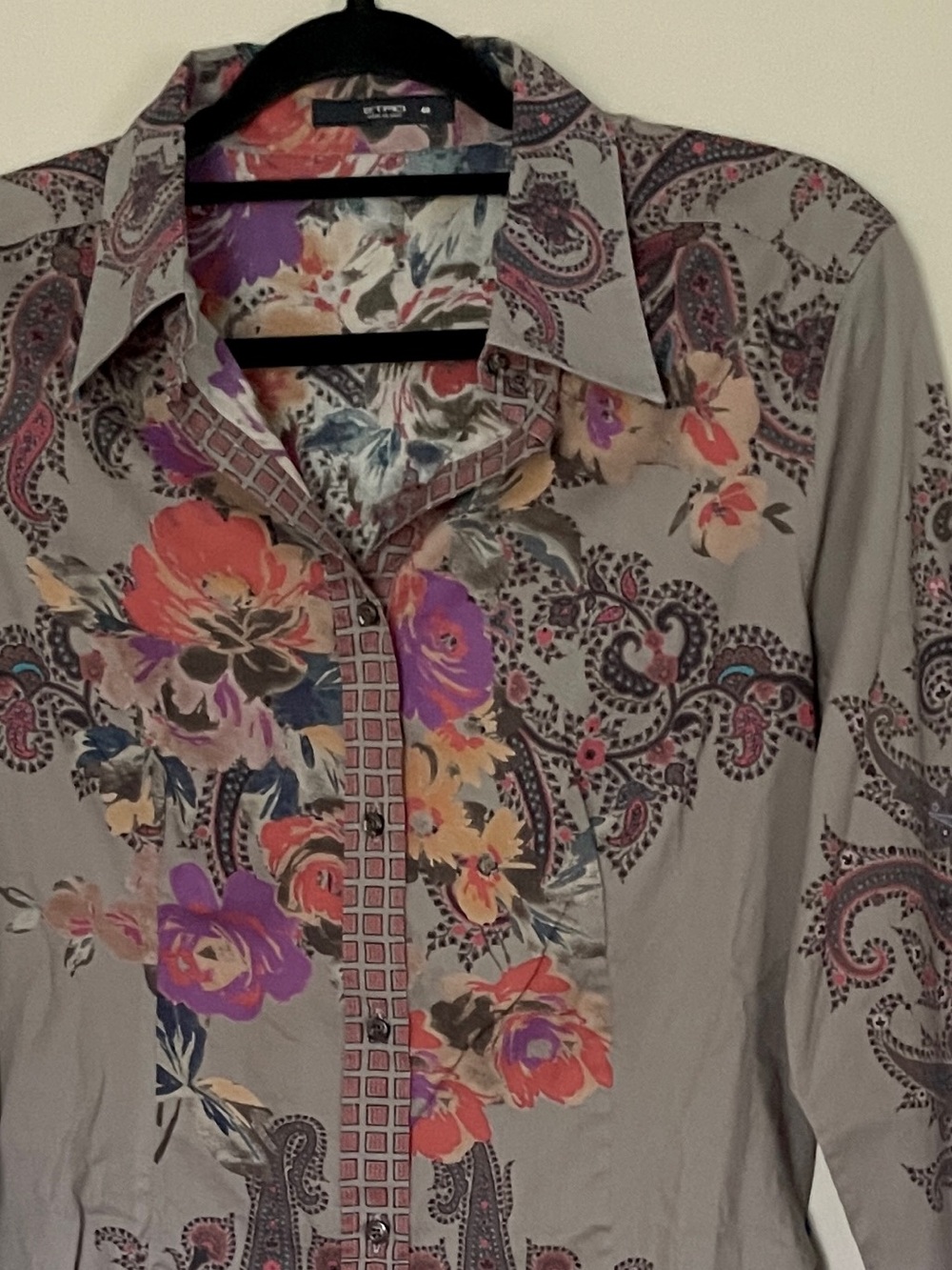Etro | Stretch Cotton Blouse in Warm Grey Multicolor, Sz 48/US M ♥ Like ne